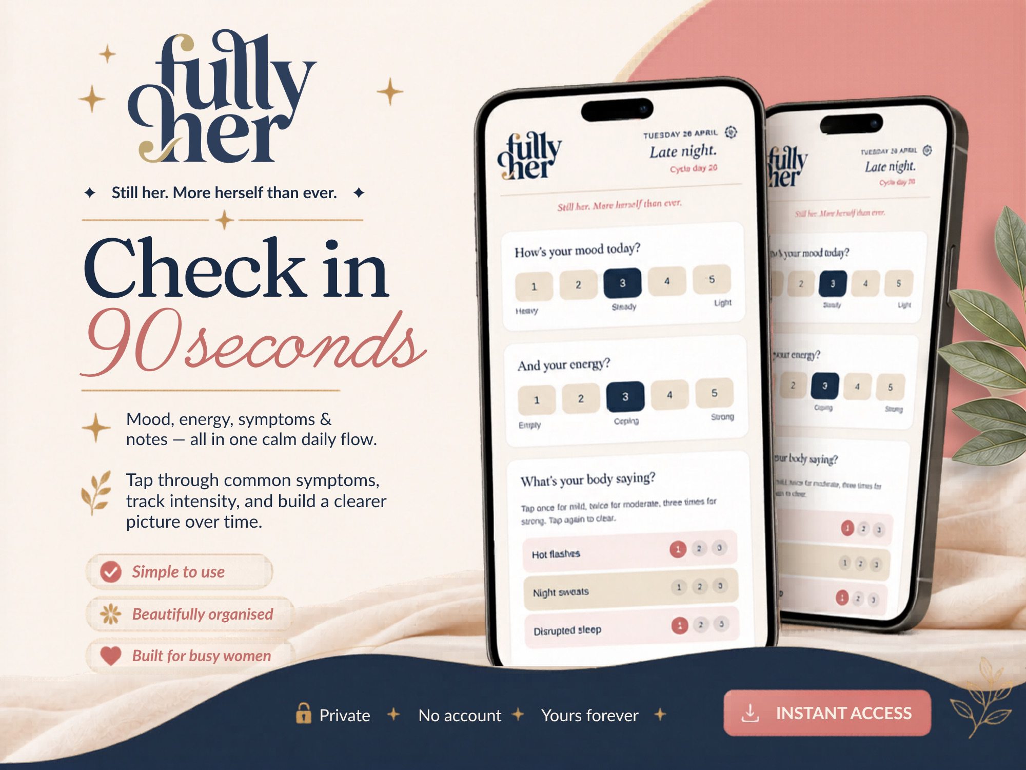 Fully Her HQ Daily Sync check-in screen for mood, energy and symptom tracking