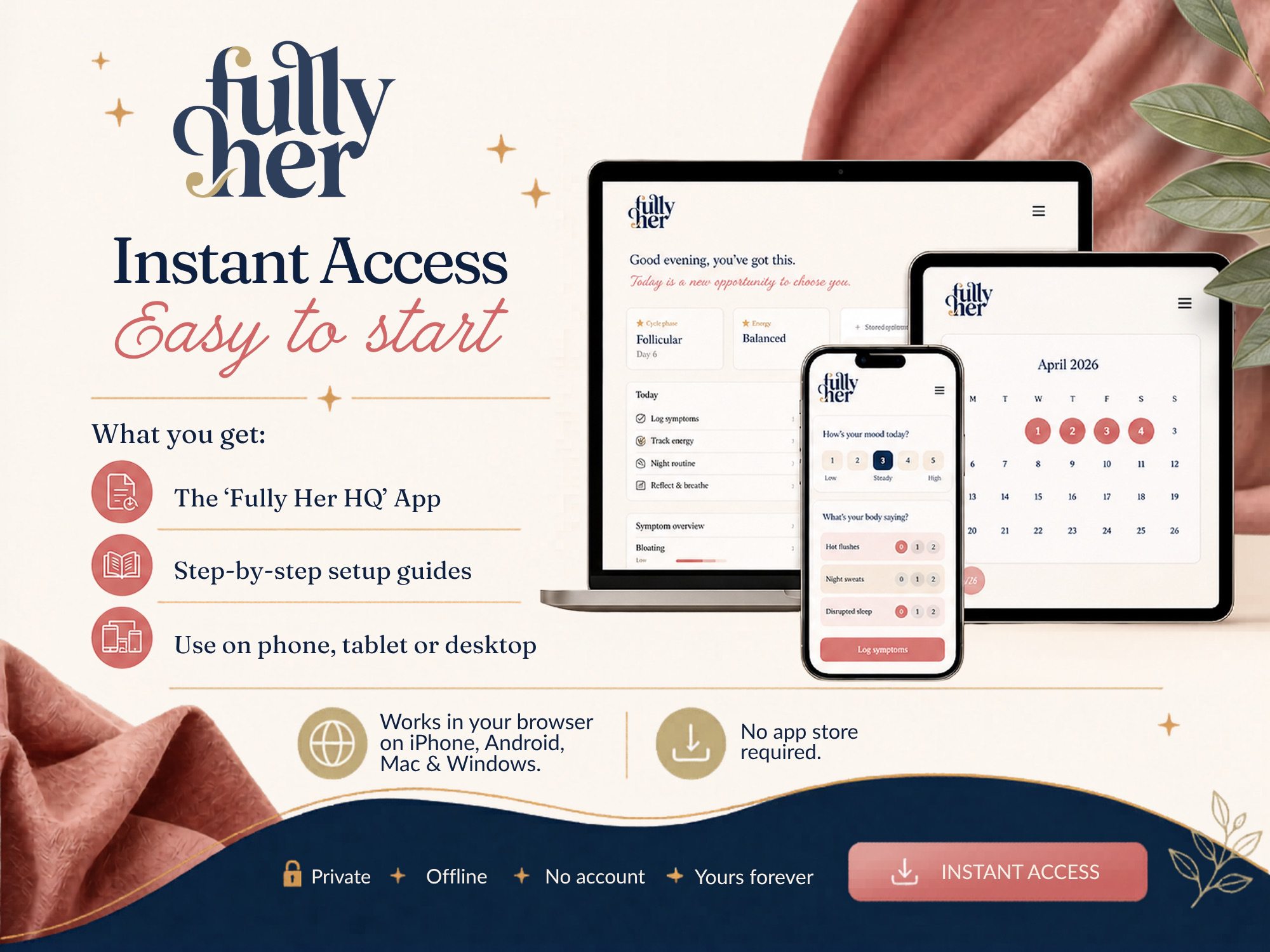 Fully Her HQ instant access showing app on phone tablet and desktop